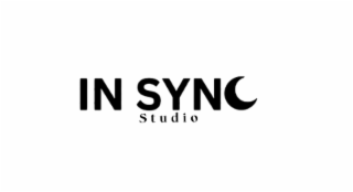 THE MARK CONSISTS OF THE STYLIZED WORDS 'IN SYNC' IN BOLD, UPPERCASE LETTERS. THE LETTER 'C' IN 'SYNC' IS MODIFIED TO RESEMBLE A CRESCENT MOON. BELOW 'IN SYNC,' THE WORD 'STUDIO' IS WRITTEN IN A SMALL