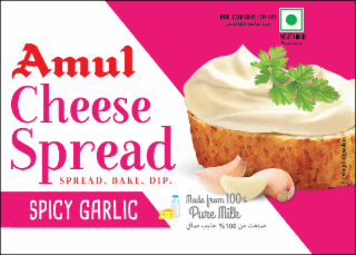 AMUL CHEESE SPREAD SPREAD. BAKE. DIP. SPICY GARLIC PROCESSED CHEESE SPREAD VEGETARIAN MADE FROM 100% PURE MILK SERVING SUGGESTION