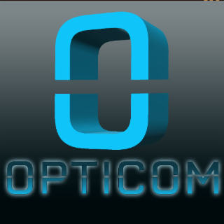OPTICOM, THE O IS A REPRESENTATION OF THE O AND THE C CUT IN HALF TO MAKE AN O, AND THE WORD OPTICOM IS SPELLED OUT BENEATH THE O AND ALL THE LETTERS APPEAR TO BE CUT IN HALF AS THE O.