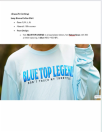 (CLASS 25: CLOTHING) LONG-SLEEVE COTTON SHIRT SIZES: S. M. L. XL MATERIAL: 100% COTTON FRONT DESIGN: TEXT: BLUE TOP LEGEND IN ALL CAPITALIZED LETTERS, FONT BEBAS NEUE WITH 300 PT LETTER SPACING, IN BL