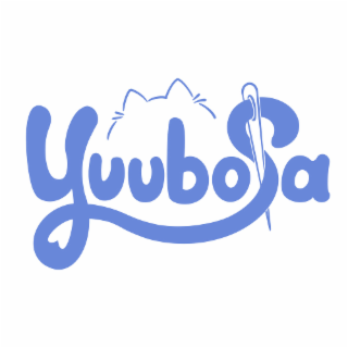 THE MARK CONSISTS OF THE STYLIZED WORD “YUUBOSA” IN SCRIPT FONT, WITH AN EMBROIDERED NEEDLE PIERCING THROUGH THE LETTER “S.” THE LETTERS “B” AND “O” ARE TOPPED WITH CURVED LINES THAT R