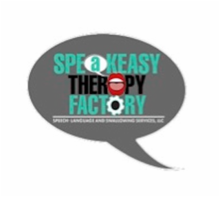 THE LITERAL ELEMENT SPEAKEASY THERAPY FACTORY SPEECH- LANGUAGE & SWALLOWING SERVICES INSIDE OF A SPEECH BUBBLE WITH ANOTHER IMAGE OF A SPEECH BUBBLE, AN OPEN MOUTH AND A GEAR- WHEEL INSIDE OF THE SCRI