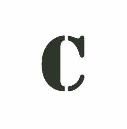 A CUSTOM-DESIGNED CAPITAL 'C' WHERE THE CENTRAL CURVE IS EMPHASIZED WITH INCREASED THICKNESS, AND THE TOP AND BOTTOM MIDDLE ARE INTENTIONALLY SEPARATED