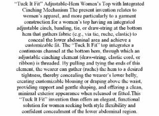 “TUCK IT FIT” ADJUSTABLE-HEM WOMEN’S TOP WITH INTEGRATED CINCHING MECHANISM THE PRESENT INVENTION RELATES TO WOMEN’S APPAREL, AND MORE PARTICULARLY TO A GARMENT CONSTRUCTION FOR A WOMEN’S TO