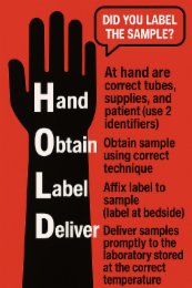 HAND OBTAIN LABEL DELIVER DID YOU LABEL THE SAMPLE? AT HAND ARE CORRECT TUBES, SUPPLIES, AND PATIENT (USE 2 IDENTIFIERS) OBTAIN SAMPLE USING CORRECT TECHNIQUE AFFIX LABEL TO SAMPLE (LABEL AT BEDSIDE) 