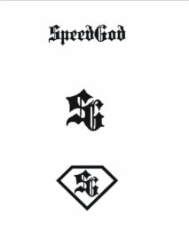 SPEEDGOD LOGO, OVERLAPPED SG LOGO, OVERLAPPED SG INSIDE A DIAMOND SHAPE LOGO.