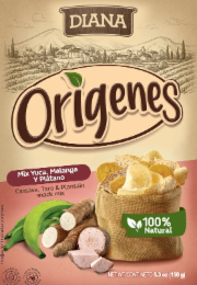 DIANA ORIGENES MIX YUCA, MALANGA Y PLATANO CASSAVA, TARO & PLANTAIN MIX 100% NATURAL NET WT./CONT. NETO 5.3 OZ IMAGES FOR ILLUSTRATIVE PURPOSES TRANS FAT FREE SIN GRASAS TRANS LOW IN SODIUM BAJO EN SO