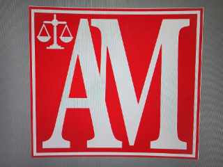 RED SQUARE WITH LETTERS AM AND A LEGAL SCALES.