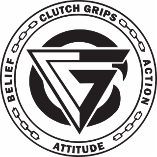 THE LETTERS C & G THAT STAND FOR CLUTCH GRIPS THE LETTER C IS GRABBING THE G  THERE IS CHAIN BETWEEN BELIEF ATTITUDE ACTION & THE WORD CLUTCH GRIPS BELIEF  CLUTCH GRIPS  ACTION  ATTITUDE BOLD LETTERIN