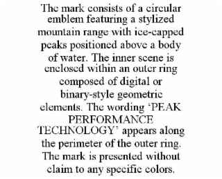 THE MARK CONSISTS OF A CIRCULAR EMBLEM FEATURING A STYLIZED MOUNTAIN RANGE WITH ICE-CAPPED PEAKS POSITIONED ABOVE A BODY OF WATER. THE INNER SCENE IS ENCLOSED WITHIN AN OUTER RING COMPOSED OF DIGITAL