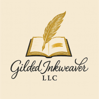 GILDED INKWEAVER LLC, AN OPEN BOOK WITH PAGE LINES, BLURRED WORDS, AND A GOLD QUILL