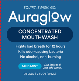 SQUIRT. SWISH. GO. AURAGLOW CONCENTRATED MOUTHWASH FIGHTS BAD BREATH FOR 12 HOURS KILLS ODOR-CAUSING BACTERIA NO ALCOHOL, NON-BURNING MILD MINT CUP INCLUDED! JUST ADD WATER. 90 USES | 2 FL OZ (59 ML)