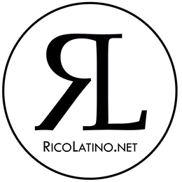 A STYLIZED COMBINATION OF A BACKWARD LETTER 'R' AND A REGULAR LETTER 'L' SHARING A CENTRAL VERTICAL STEM, ENCLOSED WITHIN A CIRCLE. THE TEXT 'RICOLATINO.NET' IS POSITIONED HORIZONTALLY BENEATH THE LET