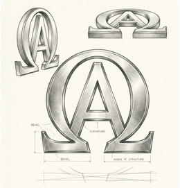 A STYLIZED DESIGN COMBINING THE GREEK LETTER ALPHA AND THE GREEK LETTER OMEGA. THE LETTER ALPHA IS CENTERED WITHIN THE CIRCULAR PORTION OF THE LETTER OMEGA. THE ENTIRE DESIGN IS RENDERED IN A THREE-DI